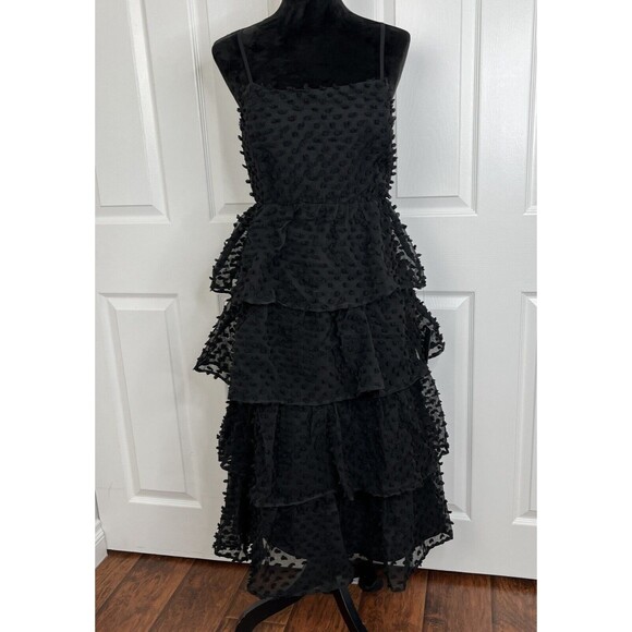 LULU’S Flirting with You Black Tiered Pom Pom‎ Midi Dress Medium NWT - Picture 1 of 13